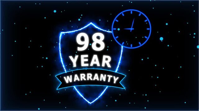 Neon Glowing Shield Badge with 98 Year Warranty Text and Clock Animation on black Futuristic Background.
