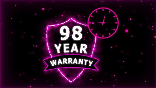 Neon Glowing Shield Badge with 98 Year Warranty Text and Clock Animation on black Futuristic Background.