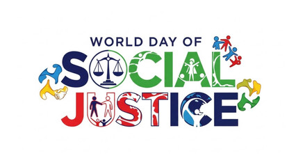 World day of social justice colorful typography with symbolic icons representing equality and human rights