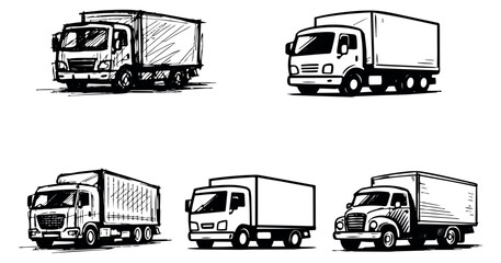 Hand drawn and line art truck set featuring multiple delivery vehicles for logistics and transportation