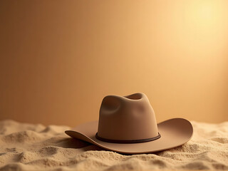 Cowboy hat on a subtle desert-inspired background with warm tones, atmospheric lighting, simple elements, balanced composition