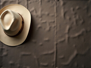 Cowboy hat viewed from above on a textured fabric surface, muted color scheme, symmetrical layout, strong visual focus