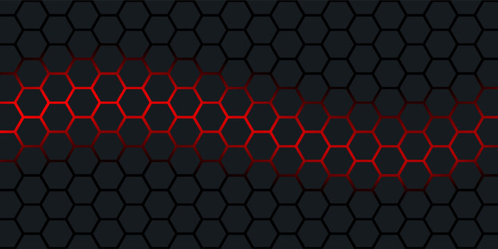 Abstract dark hexagon pattern on red neon background technology style. Modern futuristic geometric shape web banner design. You can use for cover template, poster, flyer, print ad. Vector illustration