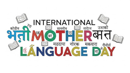 International mother language day celebration with colorful text and book icons on white background