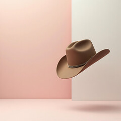 Western cowboy hat partially cropped at the edge of the frame, creative off-center composition, soft gradient backdrop