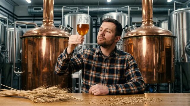 Professional brewer inspecting a glass of craft beer in a brewery. Man examining amber ale quality near copper tanks and wheat. Alcohol production and craftsmanship concept