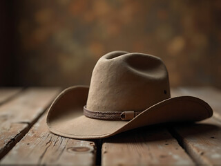 Rustic cowboy hat resting on a wooden surface with blurred background, natural earthy tones, cinematic lighting