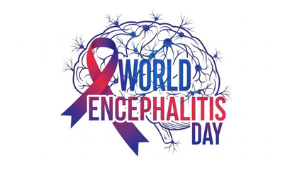 World encephalitis day awareness campaign logo with brain illustration and purple red ribbon