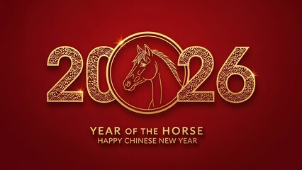 Gold-lined 2026 Year of the Horse design featuring a stylized golden horse silhouette within ornate numbers on a deep red background.