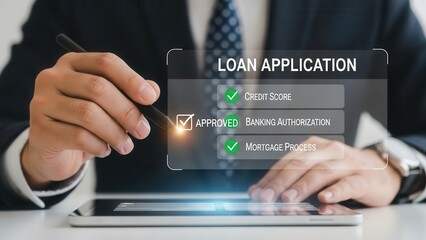 Closeup Businessman Hand checking Approved box on digital loan application, representing financial credit score, banking authorization, and mortgage process
