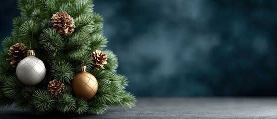 minimal Christmas tree with baubles and pinecones on dark background cozy winter holiday decoration for greeting cards and seasonal branding
