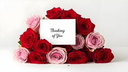 Minimalist photo of a lush bouquet of velvet-textured roses, arranged on a bright white studio backdrop, featuring a prominent sample greeting