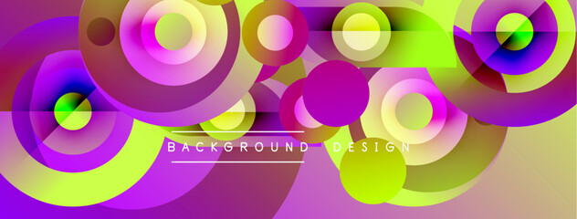 Obraz premium Vibrant abstract composition. Overlapping circles, curves create dynamic visual effect. Purple, yellow, blue hues dominate design.