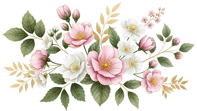 Delicate Watercolor Floral Arrangement with Pink and White Blossoms Green Leaves and Golden Botanical Accents for Design