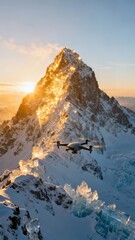 Golden hour mountain peak at sunrise with snow-capped summit drone flyover