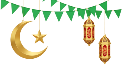 Islamic Decorations with Crescent Moon and Lanterns