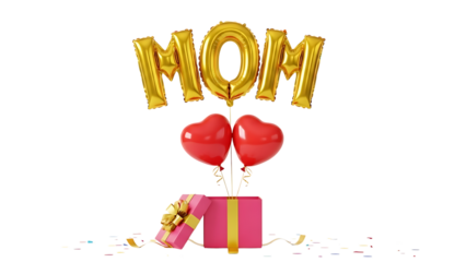 Golden balloons spelling "MOM" with red heart balloons and gift box