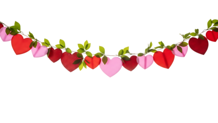Colorful heart garland with green leaves on transparent background