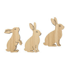 Fototapeta premium Wooden Easter Bunnies in Harmony: Charming wooden bunnies in different poses bring a touch of playful charm to the scene, their natural wood grain creating a warm and inviting atmosphere.