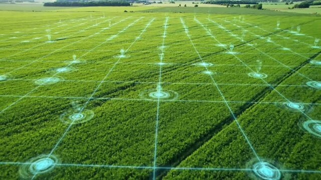 Futuristic Farming Field with Digital Grid Overlay.