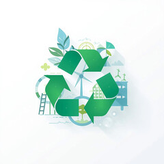 Eco City with Recycling Symbol, Solar Panels, Wind Turbines