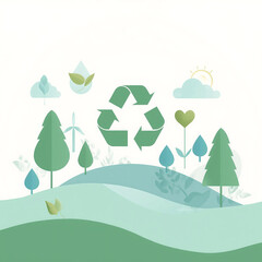 Eco City with Recycling Symbol, Solar Panels, Wind Turbines