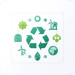 Recycle Symbol with Leaves, Water, and Eco Icons on White