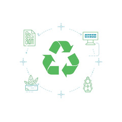 Recycle Symbol with Leaves, Water, and Eco Icons on White
