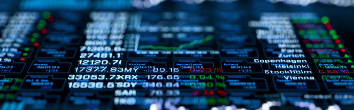 Stock market, data mirroring on screen, diagrams, charts, global index information. Trading board, research, exchange information, investment data. 3D illustration