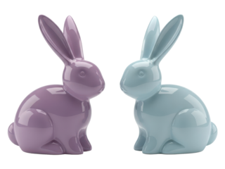 Enchanting Easter Bunnies: Two ceramic Easter bunnies in pastel shades of purple and blue, embodying the joyous spirit of spring and the celebration of new beginnings.