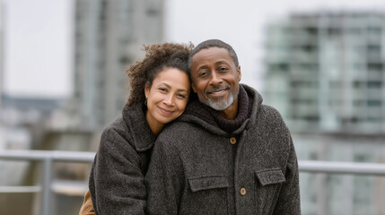 happy senior couple in warm coats hugging outdoors in city active aging love relationship and retirement lifestyle