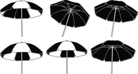 Beach umbrella vector silhouettes set, outdoor sunshade parasol collection, summer beach equipment illustration isolated on white background for stock design © MdMonirujjaman