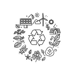 Line Art Earth with Solar Panels, Wind Turbine & Recycle Symbols