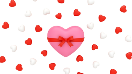 Pink heart-shaped gift box with red bow and hearts