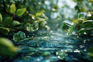 Natur trifft Technologie &ndash; schwebende Glasw&uuml;rfel &uuml;ber klarem Wasser im gr&uuml;nen Wald