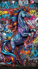 Vibrant Graffiti Unicorn Rearing Up Against a Colorful Urban Wall.