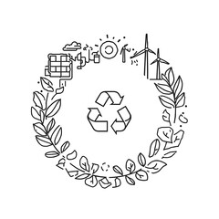 Line Art Earth with Solar Panels, Wind Turbine & Recycle Symbols