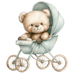 Teddy bear in baby stroller on transparent background