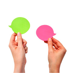 Different opinions of two people, or a dialogue, a conversation with speech bubbles in the hands on an isolated background
