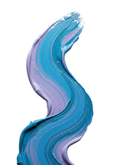 A single, dynamic impasto brush stroke with cool blue, deep teal, and soft lavender gradient, curving upwards on a transparent background, concept of artistic expression