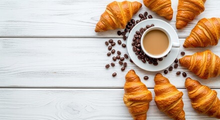 Coffee Break Delights: A picturesque arrangement of golden croissants surrounds a fresh cup of coffee and scattered coffee beans. It evokes warmth and the simple joys of a delightful morning.