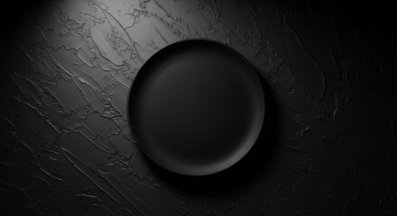 Minimalist Black Plate: A striking, minimalist black plate sits centered against a textured, dark background, offering an elegant contrast and visual interest. 