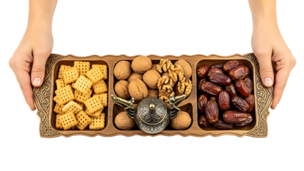 Hands holding tray with crackers, nuts, and dates