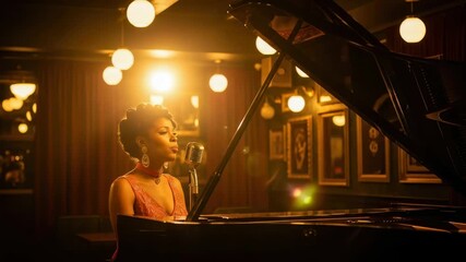 Piano Performance: A captivating scene unfolds as a solo musician, illuminated by warm lights, pours their heart into a passionate piano performance.