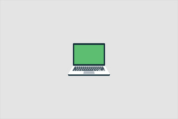 Laptop illustration with green screen display isolated on neutral background. Flat vector design showing notebook computer mockup for chroma key, presentation, app, and digital technology concepts.