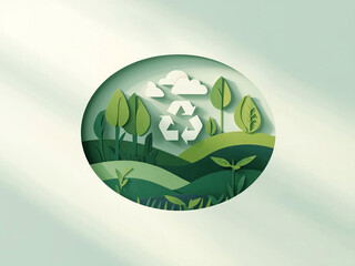 Papercut Eco Landscape with Recycle Symbol and Wind Turbine