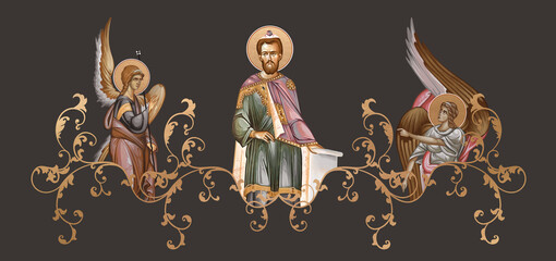 Moses prophet. Decorative vintage border with angels, illustration in Byzantine style