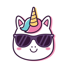 Cool Unicorn Cat Face with Sunglasses Vector Illustration