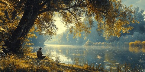 Person sits quietly by forest lake during golden hour as light streams through trees and reflects on calm water. Generative by AI.