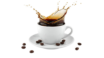 Coffee cup with splash and beans on saucer